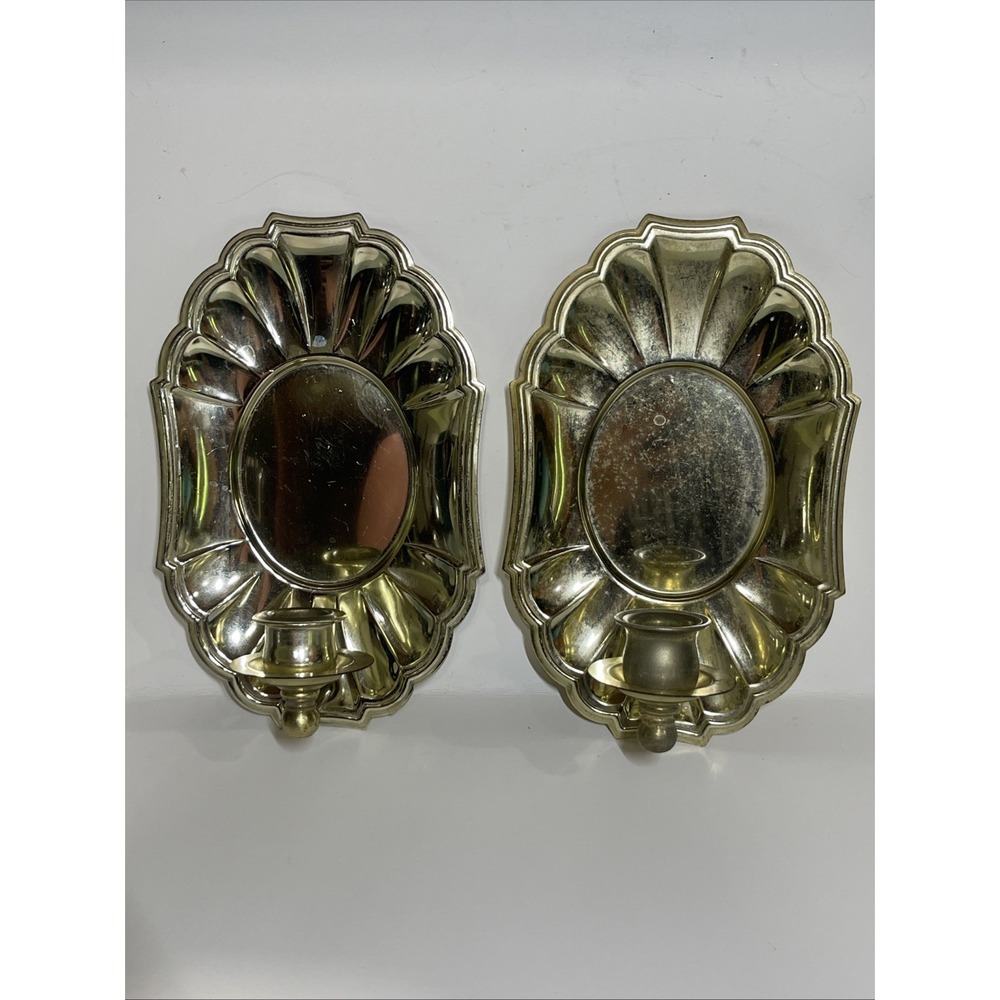 Vintage Pair Gold Reflector Candle Holders Wall Sconces Mirror Finish Homco 70's